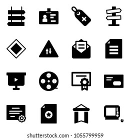 Solid vector icon set - sign post vector, identity, medical label, road signpost, main, oncoming traffic, opened mail, document, presentation board, film coil, certificate, envelope, pennant