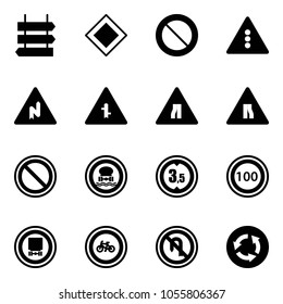 Solid vector icon set - sign post vector, main road, prohibition, traffic light, abrupt turn right, intersection, narrows, no dangerous cargo, limited height, speed limit 100, bike, back, circle