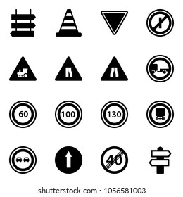 Solid vector icon set - sign post vector, road cone, giving way, no parkin odd, railway intersection, narrows, trailer, speed limit 60, 100, 130, dangerous cargo, overtake, only forward, end