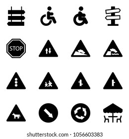 Solid vector icon set - sign post vector, disabled, road signpost, stop, oncoming traffic, steep descent, embankment, light, children, intersection, cow, detour, circle, outdoor cafe