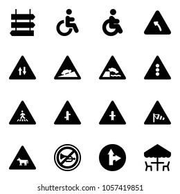 Solid vector icon set - sign post vector, disabled, turn left road, oncoming traffic, climb, embankment, light, pedestrian, intersection, side wind, cow, no horn, only forward right, outdoor cafe