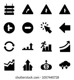 Solid vector icon set - sign post vector, turn right road, intersection, only forward, cursor, left arrow, refresh, growth, career, rise, arrows up, dollar, cloud exchange data