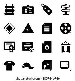 Solid vector icon set - sign post vector, identity, medical label, road signpost, main, oncoming traffic, document, film coil, certificate, pennant, t shirt, cap, photo, monoblock pc