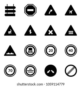 Solid vector icon set - sign post vector, no way road, turn right, airport, wild animals, intersection, railway, rough, dangerous cargo, speed limit 20, 40, 70, tax peage, detour
