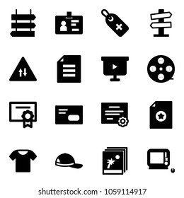 Solid vector icon set - sign post vector, identity, medical label, road signpost, oncoming traffic, document, presentation board, film coil, certificate, envelope, t shirt, cap, photo, monoblock pc