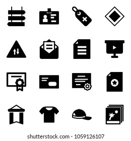 Solid vector icon set - sign post vector, identity, medical label, main road, oncoming traffic, opened mail, document, presentation board, certificate, envelope, pennant, t shirt, cap, photo