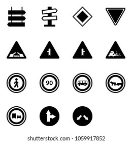 Solid vector icon set - sign post vector, road signpost, main, giving way, drawbridge, intersection, gravel, no pedestrian, speed limit 90, bus, cart horse, truck overtake, only forward right