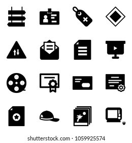 Solid vector icon set - sign post vector, identity, medical label, main road, oncoming traffic, opened mail, document, presentation board, film coil, certificate, envelope, cap, photo, monoblock pc