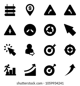 Solid Vector Icon Set - Sign Post Vector, Dollar Pin, Turn Right Road, Left, Intersection, Detour, Circle, Cursor, User Login, Target, Career, Rise, Growth