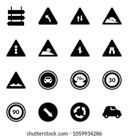 Solid vector icon set - sign post vector, turn left road, oncoming traffic, steep descent, light, roadside, intersection, narrows, rough, no car, limited distance, speed limit 30, 90, detour, circle
