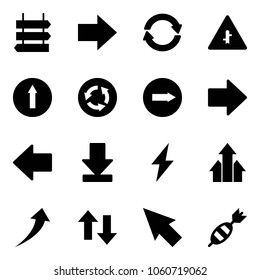 Solid vector icon set - sign post vector, right arrow, exchange, intersection road, only forward, circle, left, download, lightning, arrows up, growth, down, cursor, dart