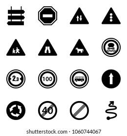 Solid vector icon set - sign post vector, no way road, oncoming traffic, light, children, narrows, cow, dangerous cargo, limited width, speed limit 100, bus, only forward, circle, end, trip