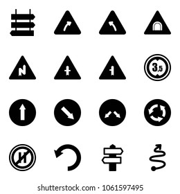 Solid vector icon set - sign post vector, turn right road, left, tunnel, abrupt, intersection, limited height, only forward, detour, circle, no parking even, undo, signpost, trip