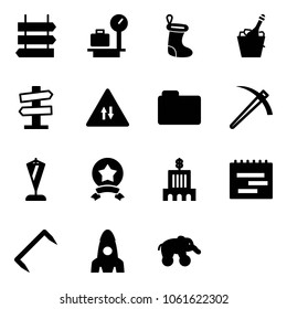 Solid vector icon set - sign post vector, baggage scales, christmas sock, champagne, road signpost, oncoming traffic, folder, job, pennant, star medal, bank building, terms plan, staple, rocket