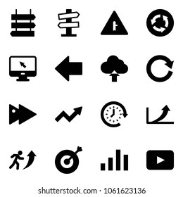 Solid vector icon set - sign post vector, road signpost, intersection, circle, monitor cursor, left arrow, upload cloud, reload, fast forward, growth, clock around, career, target, chart, playback