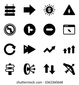 Solid vector icon set - sign post vector, right arrow, dollar sun, intersection road, no left turn, only forward, cursor browser, reload, fast, growth, arrows up, signpost, solution, down, bow