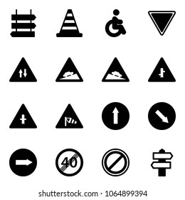 Solid vector icon set - sign post vector, road cone, disabled, giving way, oncoming traffic, climb, steep descent, intersection, side wind, only forward, detour, right, end speed limit, no parking