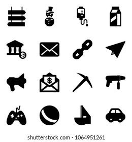Solid vector icon set - sign post vector, snowman, drop counter, milk, account, mail, link, paper plane, megaphone, dollar, axe, drill machine, joystick, ball, sailboat toy, car