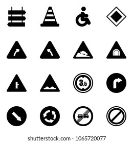 Solid vector icon set - sign post vector, road cone, disabled, main, turn right, left, steep descent, tunnel, intersection, rough, limited height, only, detour, circle, end overtake limit