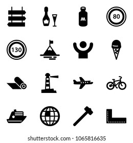 Solid vector icon set - sign post vector, wine, milk, speed limit 80 road, 130, mountain, success, ice cream, mat, lighthouse, plane, bike, cruiser, globe, sledgehammer, corner ruler