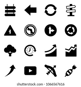 Solid vector icon set - sign post vector, left arrow, exchange, road signpost, intersection, no turn, only forward right, circle, upload cloud, clock around, rise, growth, playback, bow, dart