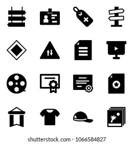Solid vector icon set - sign post vector, identity, medical label, road signpost, main, oncoming traffic, document, presentation board, film coil, certificate, pennant, t shirt, cap, photo