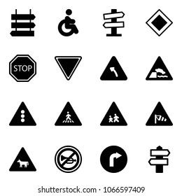 Solid vector icon set - sign post vector, disabled, road signpost, main, stop, giving way, turn left, embankment, traffic light, pedestrian, children, side wind, cow, no horn, only right