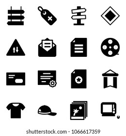 Solid vector icon set - sign post vector, medical label, road signpost, main, oncoming traffic, opened mail, document, film coil, envelope, certificate, pennant, t shirt, cap, photo, monoblock pc