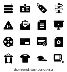 Solid vector icon set - sign post vector, identity, medical label, road signpost, oncoming traffic, opened mail, document, presentation board, film coil, envelope, certificate, pennant, t shirt, cap