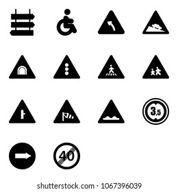 Solid vector icon set - sign post vector, disabled, turn left road, steep descent, tunnel, traffic light, pedestrian, children, intersection, side wind, rough, limited height, only right