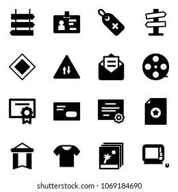 Solid vector icon set - sign post vector, identity, medical label, road signpost, main, oncoming traffic, opened mail, film coil, certificate, envelope, pennant, t shirt, photo, monoblock pc