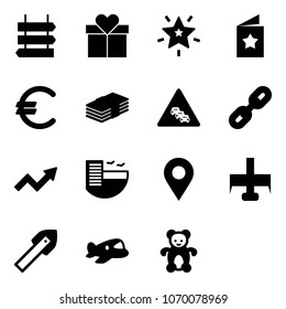 Solid vector icon set - sign post vector, gift, christmas star, postcard, euro, dollar, multi lane traffic road, link, growth arrow, hotel, navigation pin, milling cutter, tile drill, plane toy