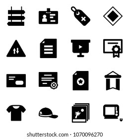 Solid vector icon set - sign post vector, identity, medical label, main road, oncoming traffic, document, presentation board, certificate, envelope, pennant, t shirt, cap, photo, monoblock pc