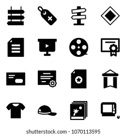 Solid vector icon set - sign post vector, medical label, road signpost, main, document, presentation board, film coil, certificate, envelope, pennant, t shirt, cap, photo, monoblock pc