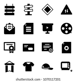 Solid vector icon set - sign post vector, road signpost, main, oncoming traffic, opened mail, document, presentation board, film coil, certificate, envelope, pennant, t shirt, cap, monoblock pc