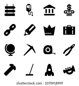 Solid vector icon set - sign post vector, drop counter, bank, link, highlight marker, crown, suitcase, globe, axe, measuring tape, pliers, screw, rake, rocket, horn toy