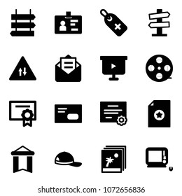 Solid vector icon set - sign post vector, identity, medical label, road signpost, oncoming traffic, opened mail, presentation board, film coil, certificate, envelope, pennant, cap, photo