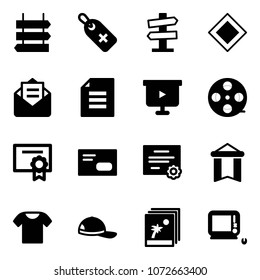 Solid vector icon set - sign post vector, medical label, road signpost, main, opened mail, document, presentation board, film coil, certificate, envelope, pennant, t shirt, cap, photo, monoblock pc