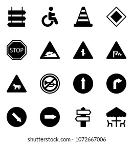 Solid vector icon set - sign post vector, disabled, road cone, main, stop, climb, intersection, side wind, cow, no horn, only forward, right, detour, signpost, outdoor cafe