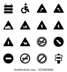 Solid vector icon set - sign post vector, disabled, turn right road, left, steep descent, children, intersection, cow, no horn, detour, only, end overtake limit, parking, signpost