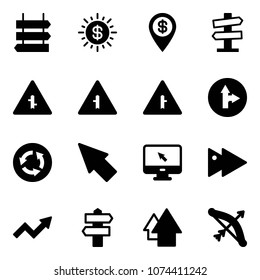 Solid vector icon set - sign post vector, dollar sun, pin, road signpost, intersection, only forward right, circle, cursor, monitor, fast, growth arrow, up, bow
