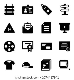 Solid vector icon set - sign post vector, identity, medical label, road signpost, oncoming traffic, opened mail, document, presentation board, film coil, certificate, envelope, t shirt, cap, photo