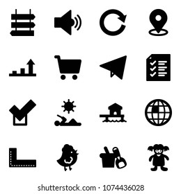 Solid vector icon set - sign post vector, volume medium, reload, map pin, growth arrow, cart, paper fly, list, check, reading, bungalow, globe, corner ruler, chicken toy, shovel bucket, doll