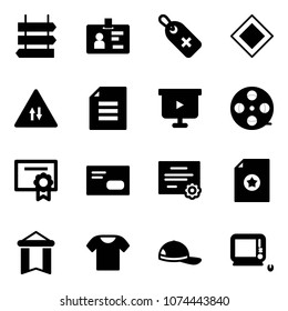 Solid vector icon set - sign post vector, identity, medical label, main road, oncoming traffic, document, presentation board, film coil, certificate, envelope, pennant, t shirt, cap, monoblock pc