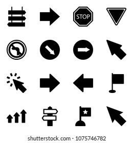 Solid vector icon set - sign post vector, right arrow, stop road, giving way, no left turn, detour, only, cursor, flag, arrows up, signpost