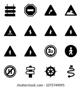 Solid vector icon set - sign post vector, no way road, turn right, steep roadside, pedestrian, intersection, limited height, parking even, signpost, hand wheel, trip