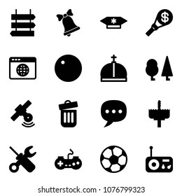 Solid vector icon set - sign post vector, bell, candy, money torch, browser globe, record, crown, forest, satellite, trash bin, chat, drill, wrench screwdriver, gamepad, soccer ball, radio