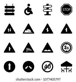 Solid vector icon set - sign post vector, disabled, road signpost, stop, oncoming traffic, steep descent, intersection, side wind, rough, limited height, only forward, detour, end speed limit