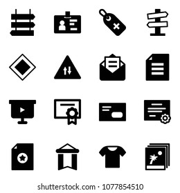 Solid vector icon set - sign post vector, identity, medical label, road signpost, main, oncoming traffic, opened mail, document, presentation board, certificate, envelope, pennant, t shirt, photo