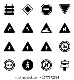Solid vector icon set - sign post vector, main road, no way, giving, turn right, left, steep roadside, abrupt, intersection, limited height, overtake, pedestrian, parking even, signpost